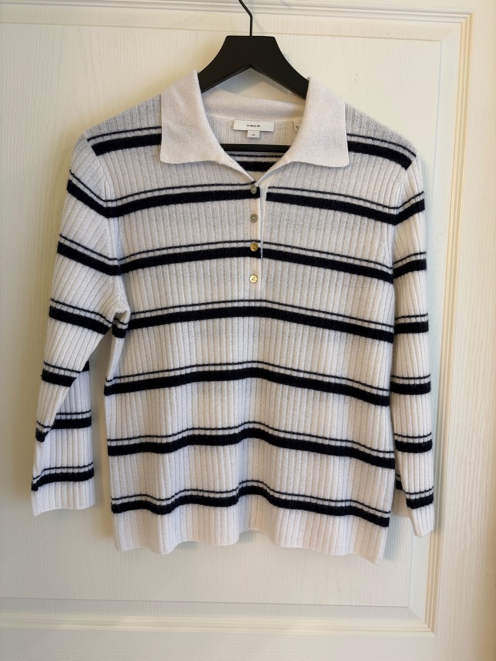 Vince White Polo Sweater with Black Stripes